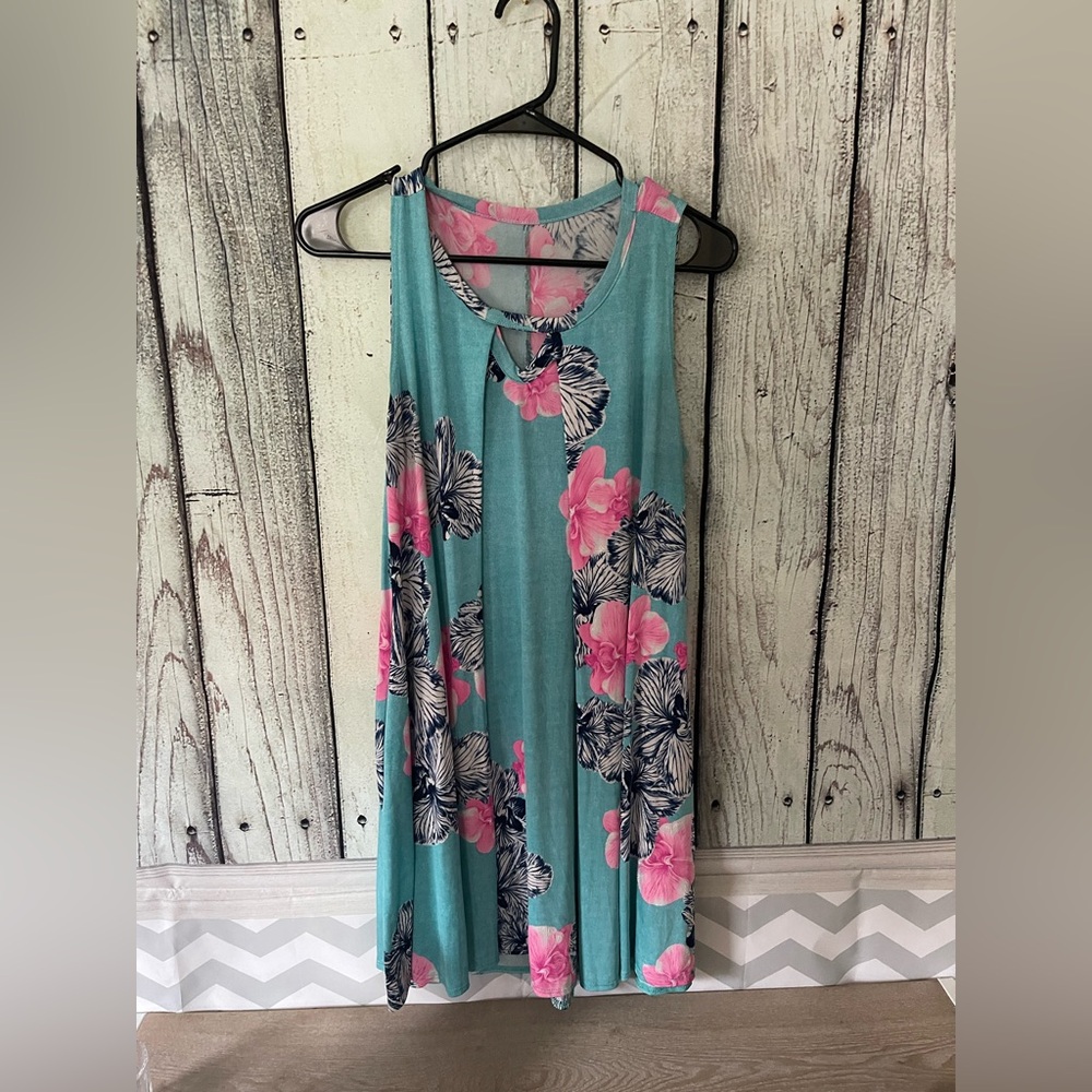 Floral Sleeveless Dress in Teal and Pink